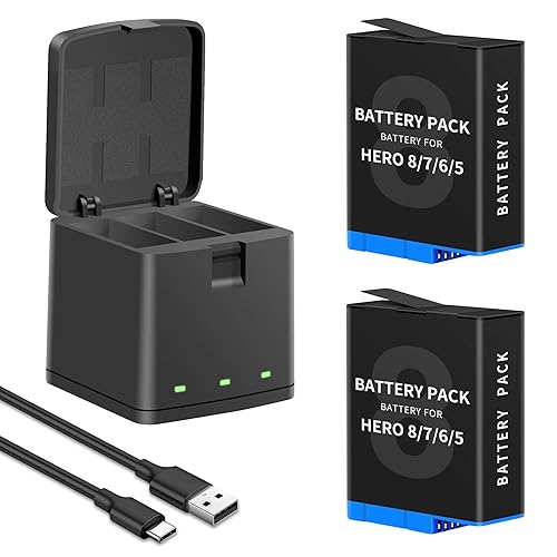 2-Pack Battery Charger for Hero 8/7/6/5 and 3-Channel Fast Charger Case, Fully Compatible with Hero 8, Hero 7, Hero 6 Black Camera Upgrade Battery