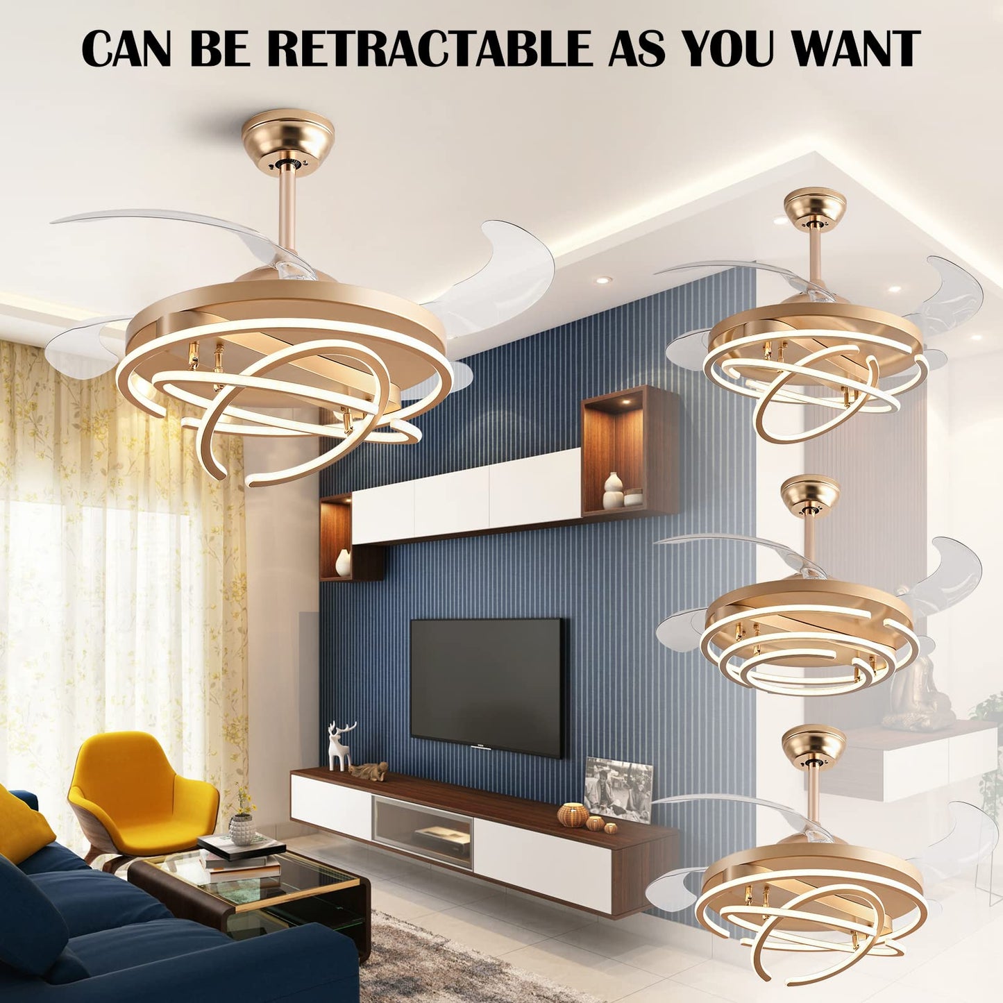 LWestine 42" Retractable Ceiling Fans with Lights Remote Control, Modern Ceiling Fan Rings LED Chandeliers, Invisible Ceiling Fans Fandelier with 4