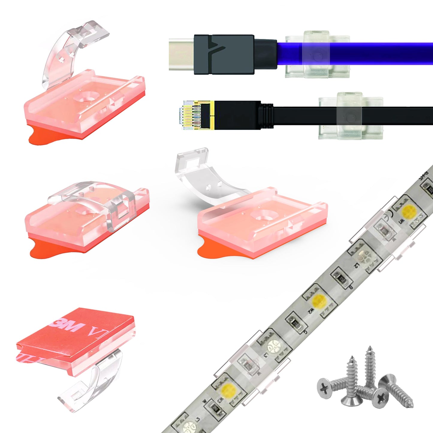 wiigd Dual-Mount LED Strip Light Clips - Self-Adhesive & Screw Fixing Brackets Indoor LED Strips Holder for 10-12mm(0.39-0.49inch)