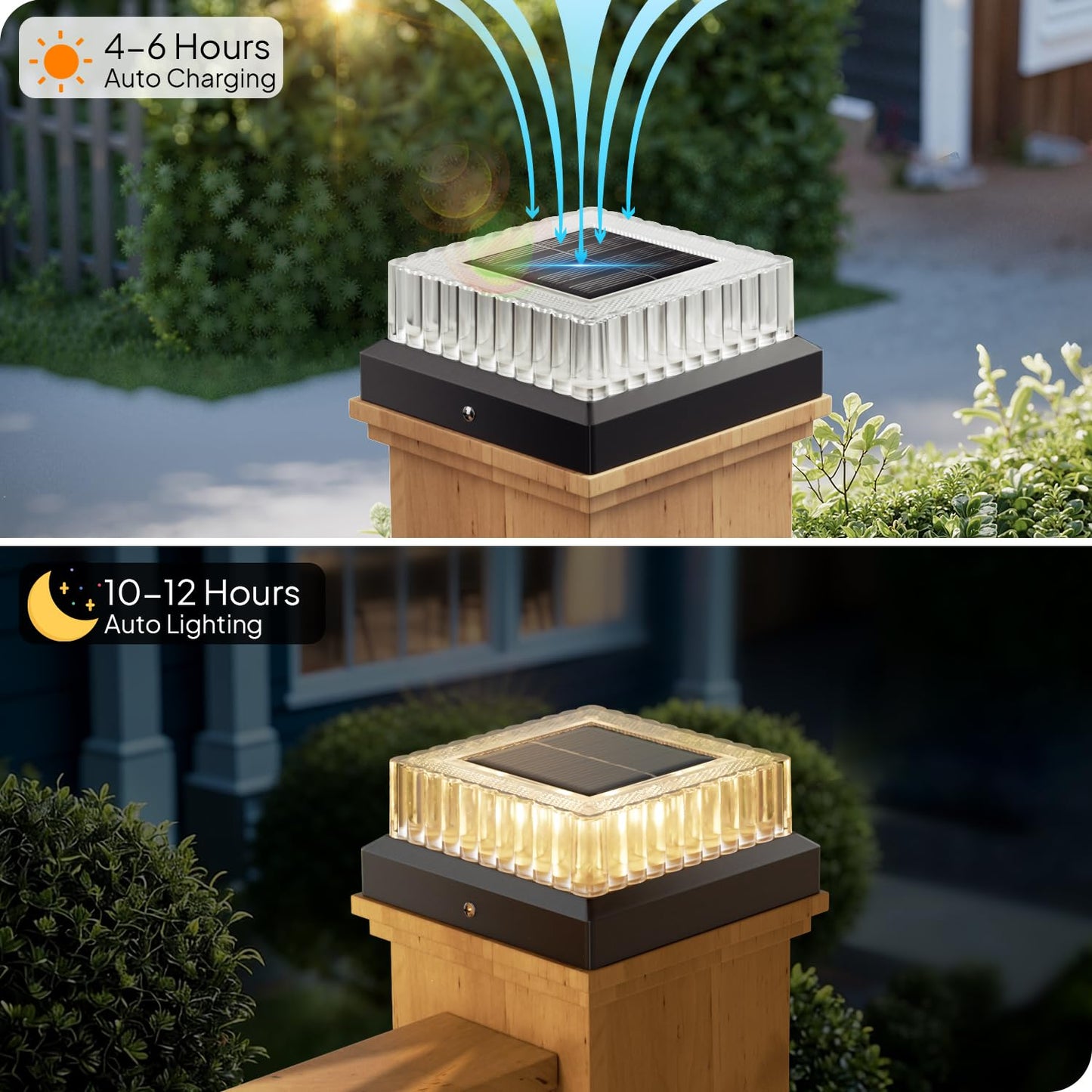 Hiromeco 4x4 Solar Post Cap Lights: 8 Pack Fence Post Lights Outdoor 3000K with Clear Lampshade, IP65 Waterproof 10-12H Lasting and Easy Install