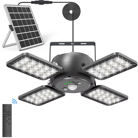 INXPHY Solar Shed Light, 1200LM 144LED Motion Sensor Pendant Light, 5 Lighting Modes Remote Control 4-Leaf 120° Adjustable, IP65 Waterproof Split