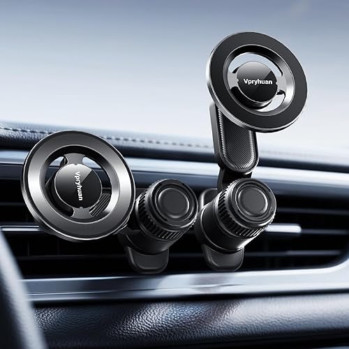 Vpryhuan Vent Phone Holder for Your Car, Magnetic Air Vent Mount 360° Rotatable with Metal Ring, One-Hand Use for iPhone 16/15/14/13/12 (4.3-7.6")