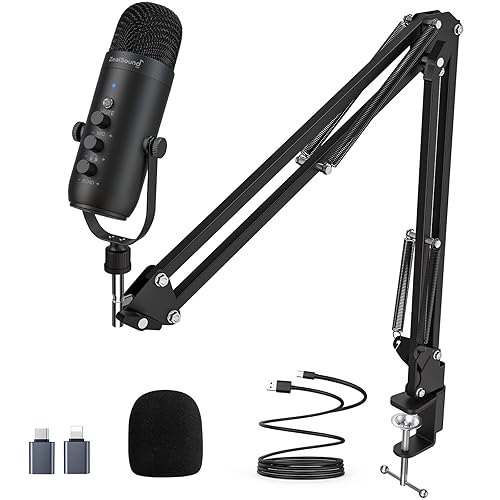 ZealSound Gaming Microphone for PC, USB Podcast Microphone with Noise Reduction, Mute & Gain Control, Zero-Latency Monitoring, Echo Control, Boom Arm