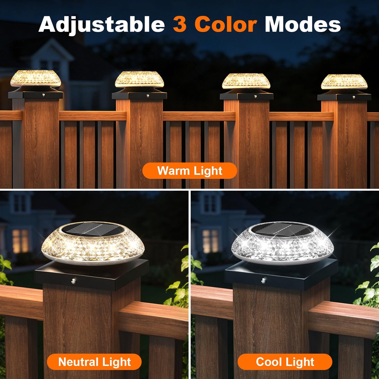 Hiromeco 4x4 Solar Post Cap Lights 12 Pack: Fence Post Solar Lights with 3 Lighting Modes & Round Lampshade - Waterproof Outdoor Deck Post Light
