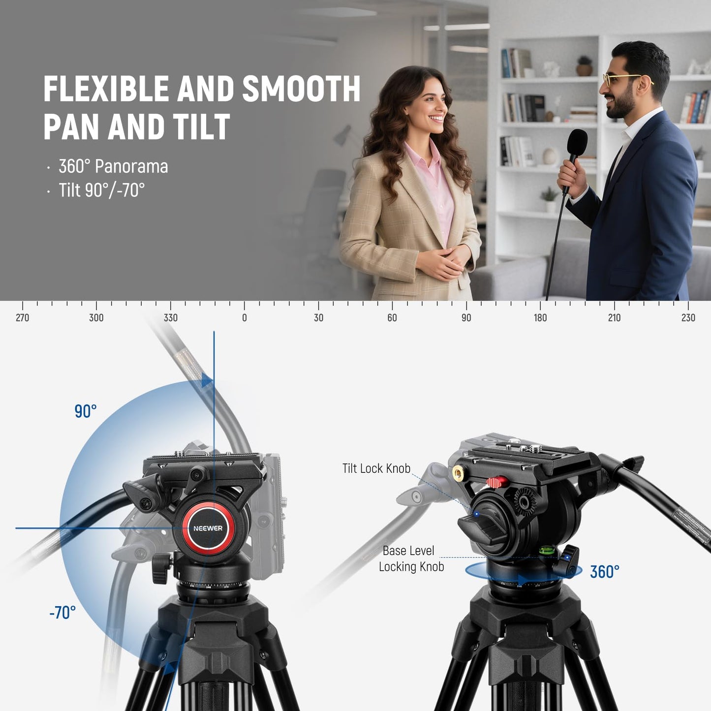 NEEWER Video Tripod with Fluid Head, Heavy Duty Aluminum Compact Portable Camera Tripod Stand for DSLR Camcorder Compatible with DJI Gimbals