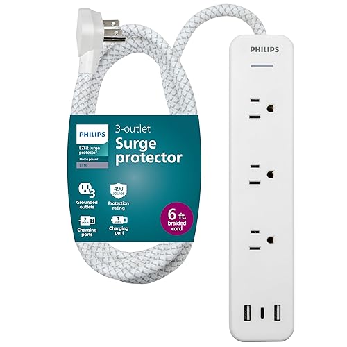 Philips EZFit 3-Outlet Adapter-Spaced Surge Protector, 6ft Braided Cord, Power Strip, Extension Cord with 2 USB-A and 1 USB-C, 490J, White