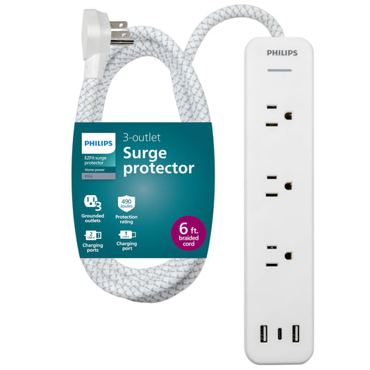 Philips EZFit 3-Outlet Adapter-Spaced Surge Protector, 6ft Braided Cord, Power Strip, Extension Cord with 2 USB-A and 1 USB-C, 490J, White
