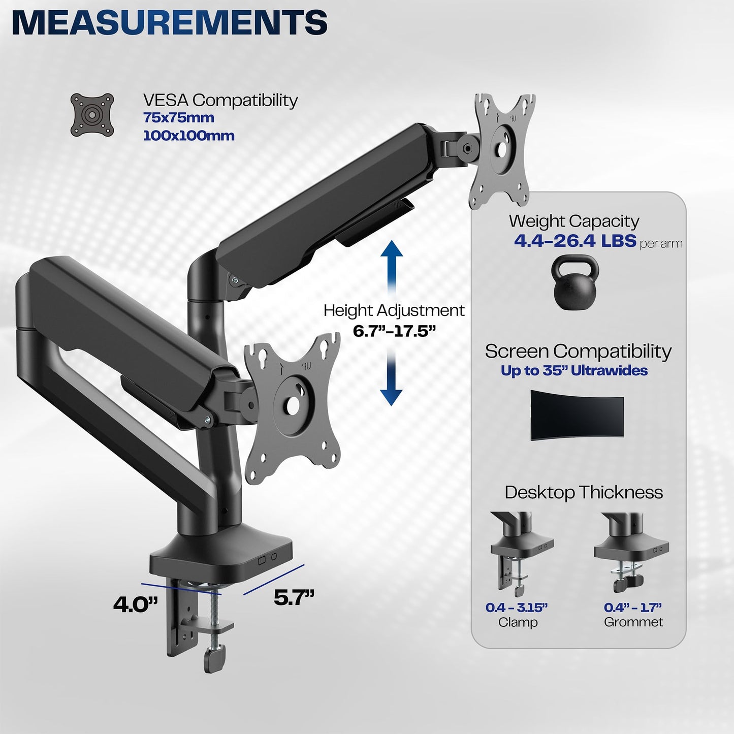 VIVO Dual Pneumatic Arm Ultra-Wide Monitor Mount for up to 35 inch Screens, Holds 26.4 lbs per Arm, Desk Mount Monitor Stand for 2 Ultrawides, Black