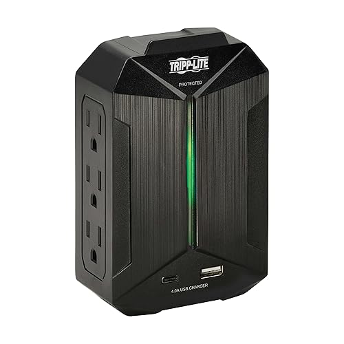Tripp Lite Surge Protector Power Strip 6-Outlets + 1 USB & 1 USB-C Port, Direct Wall Plug-in, Black, Green LED Light, 490 Joules, EMI/RFI Filtering