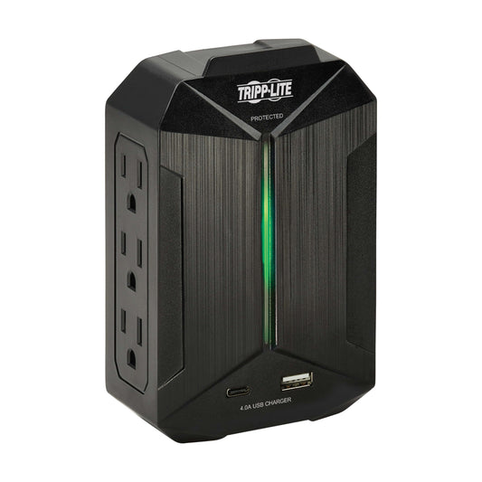 Tripp Lite Surge Protector Power Strip 6-Outlets + 1 USB & 1 USB-C Port, Direct Wall Plug-in, Black, Green LED Light, 490 Joules, EMI/RFI Filtering