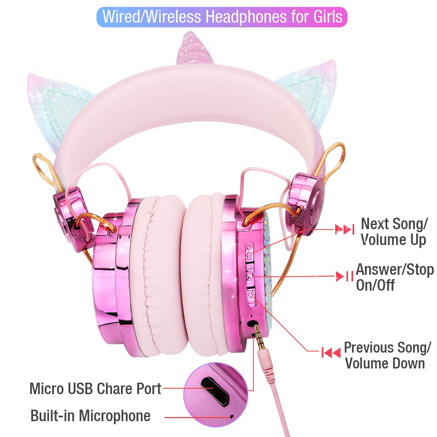 TCJJ Sparkly Unicorn Headphones for Girls, 85dB Safe Volume Limit, Wireless & 3.5mm Wired Headset with Mic, Adjustable Headband, Fast Charging…