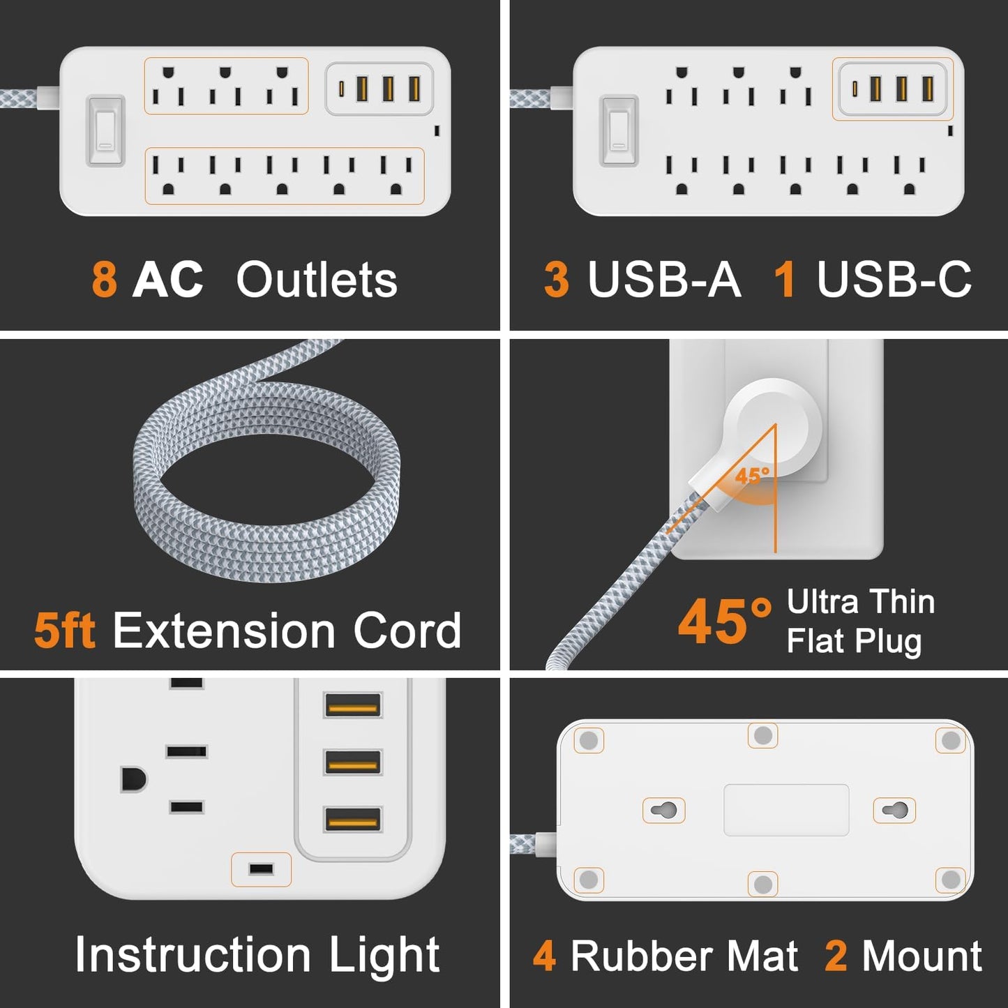 Power Strip Power Bar, Muti-Outlets Ports Desktop Charging Station, Flat Plug Overload Surge Protection Outlet Strip, USB Ports, Extension Cord, Wall