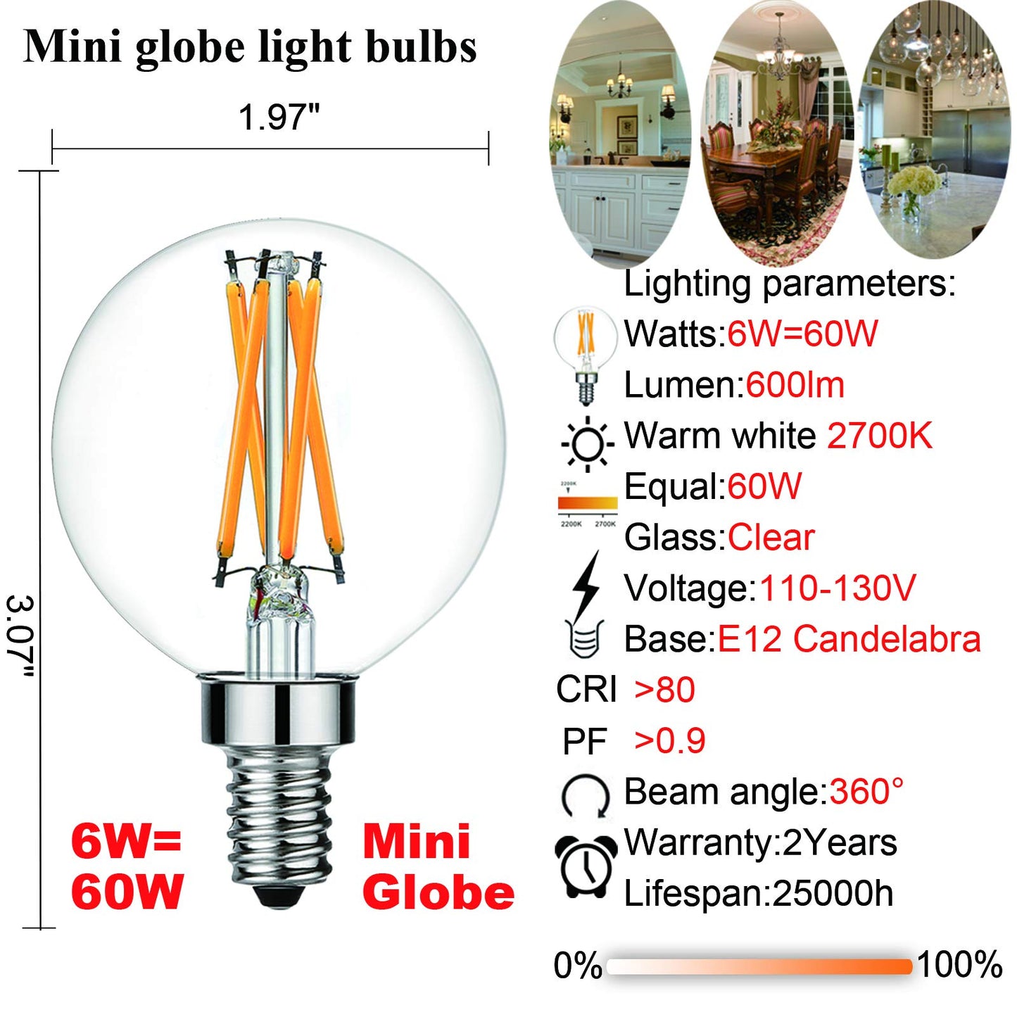 LiteHistory G16.5 E12 Bulb,Light Bulbs 60 watt Soft White,2700K,Dimmable