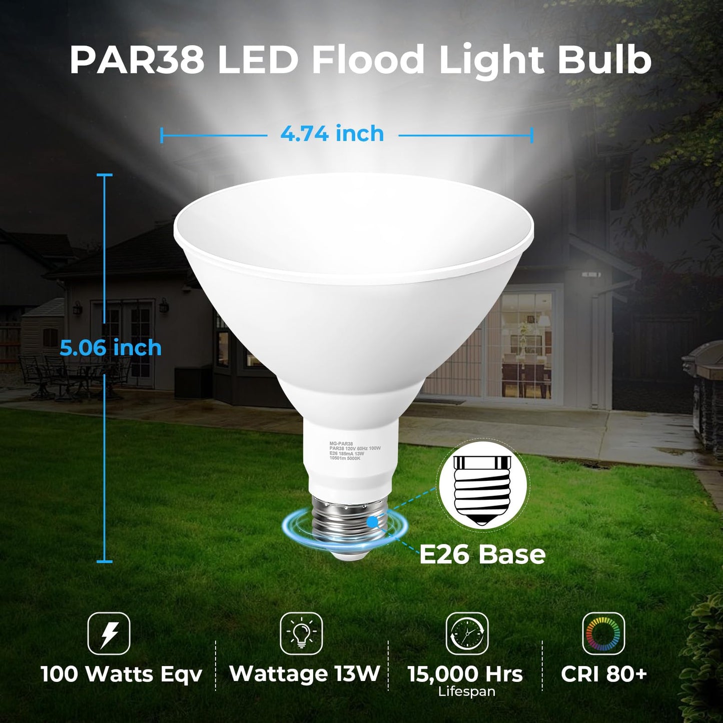 GvvooHome Flood Light Bulbs Outdoor 5000K Daylight, PAR38 LED Porch Light Bulb Waterproof, 100W Equivalent, Dimmable Exterior Floodlight Bulbs