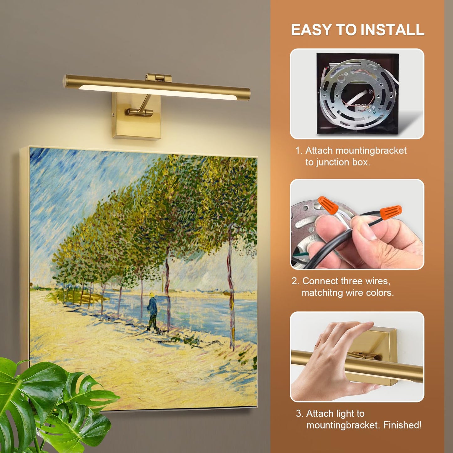 LED Picture Light Fixtures 16.54 Inches, Modern Metal Artwork Wall Lamps with Single Swing Arm, 7W (50W Eqv.), Hardwired Connection, Non-Dimmable
