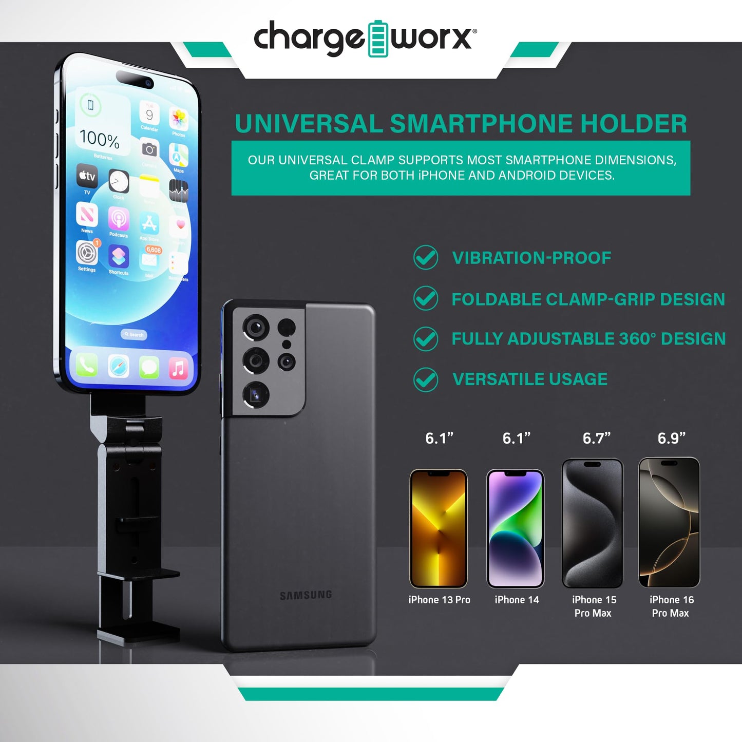 CHARGEWORX Magnetic Phone Holder for Airplane, Foldable Travel Mount with Clamp and 360 Rotation, MagSafe Compatible iPhone 17 Pro Max and Android
