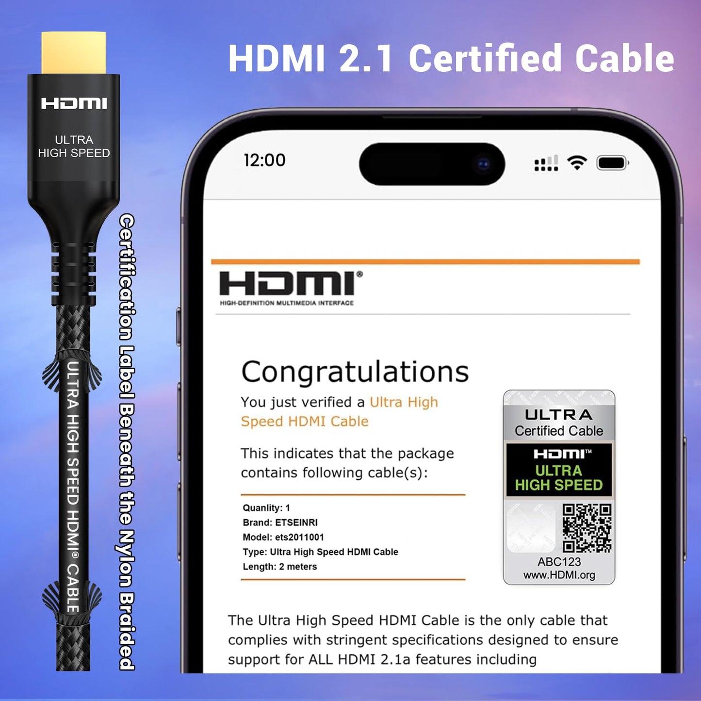 Etseinri 10K 8K 4K HDMI Cable 13ft, Certified 48Gbps Ultra High Speed HDMI® Cable 4K@120Hz 8K@60Hz eARC HDCP 2.2&2.3 Dynamic HDR D.olby Atmos