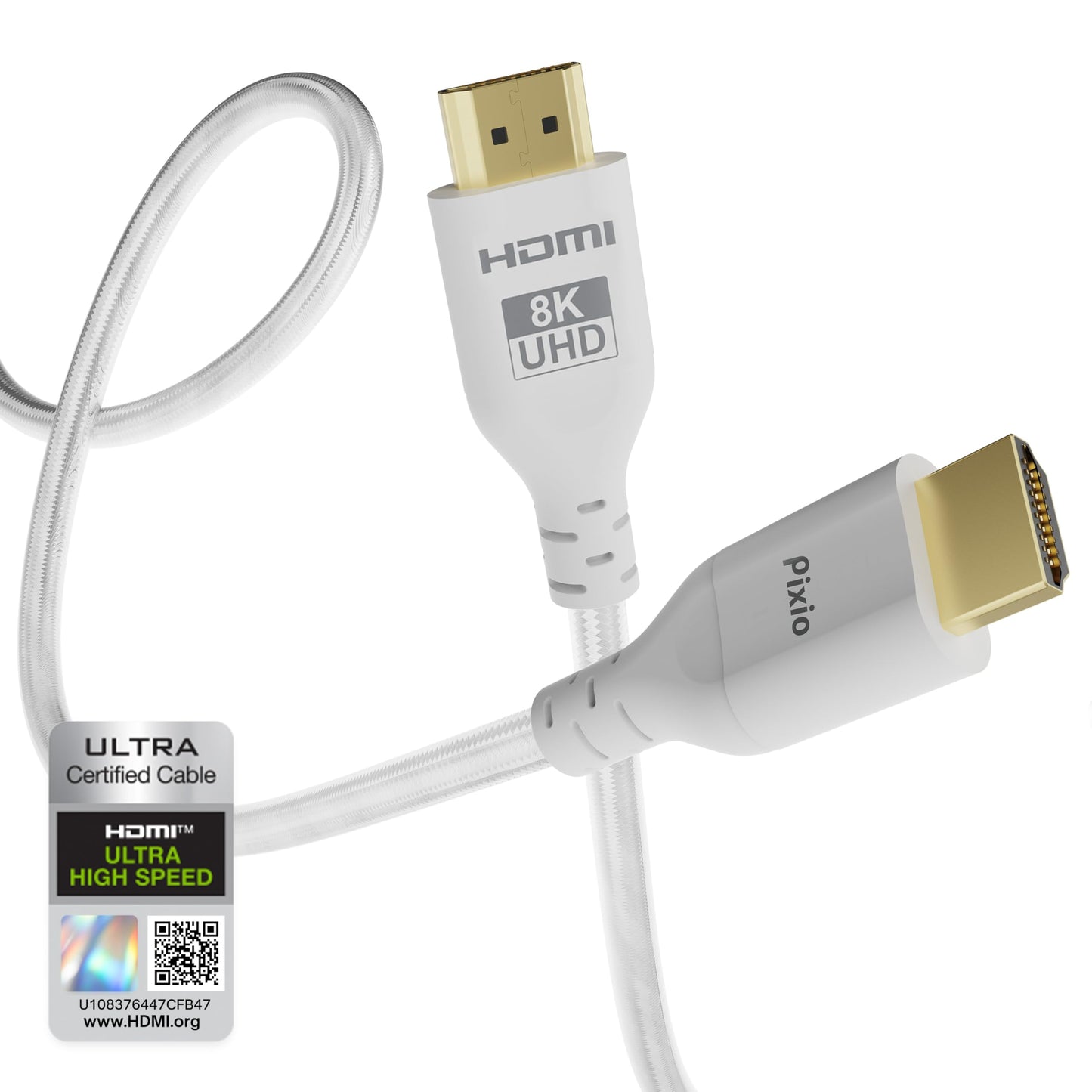 Pixio White 8K HDMI 2.1 Cable Ultra Certified Ultra High Speed 10FT 8K 60Hz 4K 120Hz Nylon Braided Gold Plated Connector Anti-Breakage HDR10+ DTS eARC