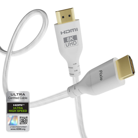 Pixio White 8K HDMI 2.1 Cable Ultra Certified Ultra High Speed 10FT 8K 60Hz 4K 120Hz Nylon Braided Gold Plated Connector Anti-Breakage HDR10+ DTS eARC