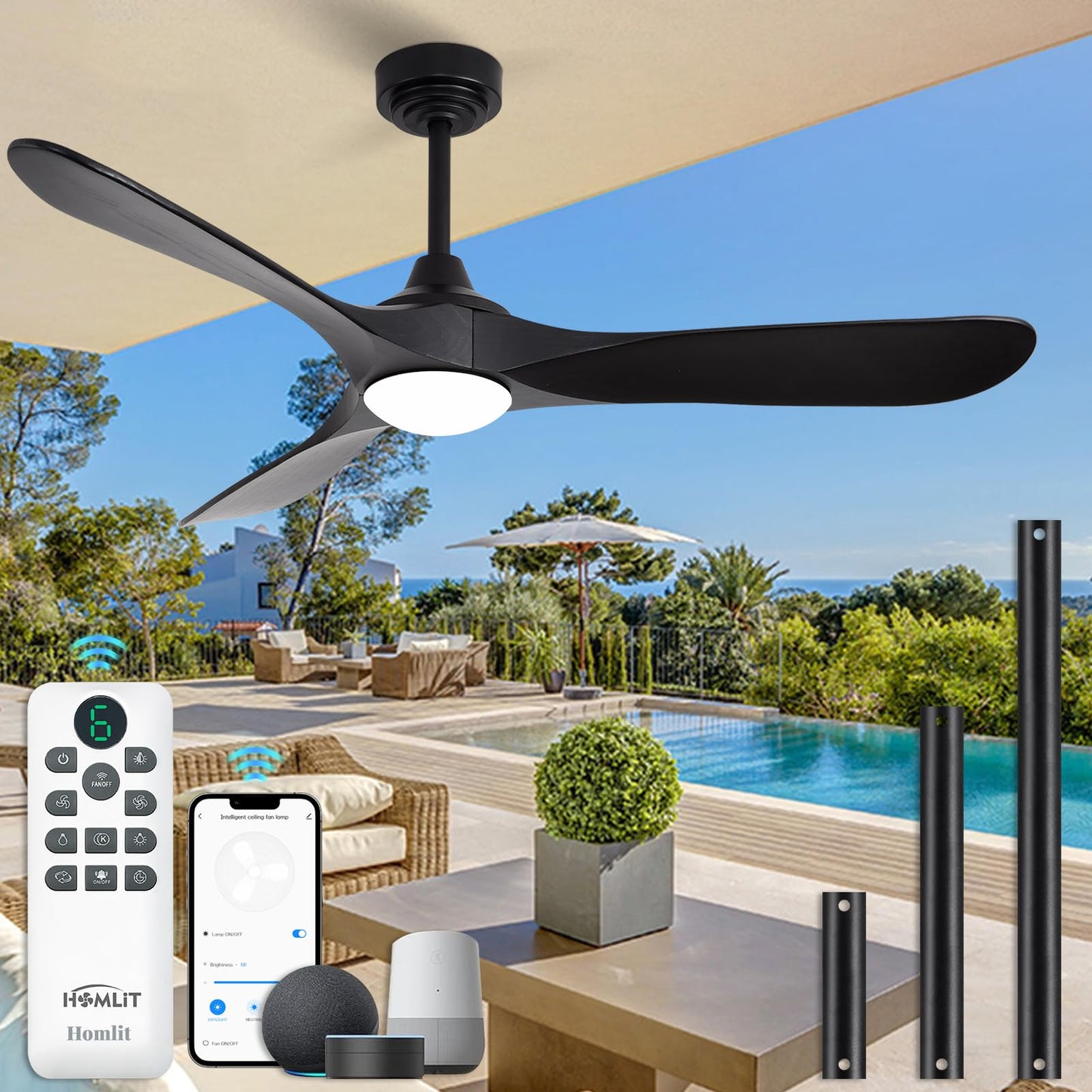 Homlit 52” Outdoor Ceiling Fan with Light and Remote via WiFi Alexa, 3 Black Solid Wood Blade, Noiseless Reversible Dc Motor, Smart Outdoor Wood