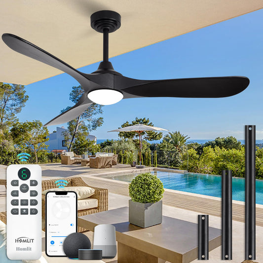Homlit 52” Outdoor Ceiling Fan with Light and Remote via WiFi Alexa, 3 Black Solid Wood Blade, Noiseless Reversible Dc Motor, Smart Outdoor Wood