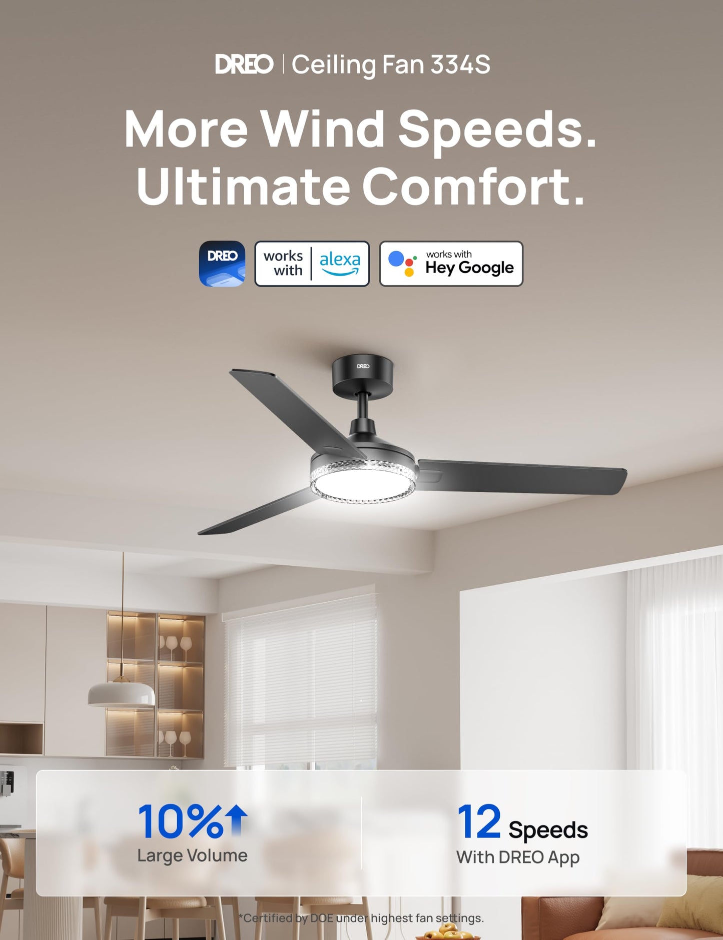 DREO 52 Inch Smart Black Ceiling Fans with Lights, 12 Speeds & 3 Fan Modes, Stepless Color Tones, Dimmable LED Light, 1-12H Timer, Quiet DC Motor