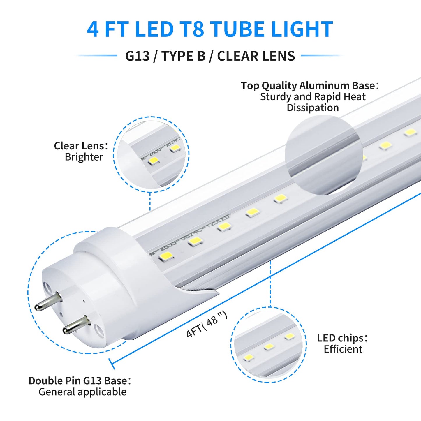 Ghiuop 25-Pack T8 LED Bulbs 4 Foot Tube Light, 4ft LED Shop Garage Light