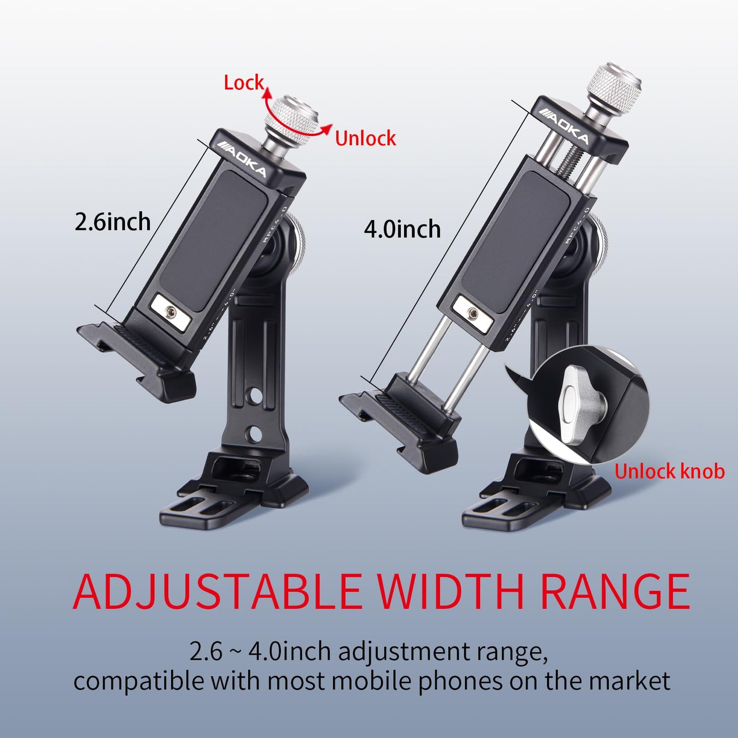 AOKA Metal Phone Tripod Mount, Arca Compatible Base with Cold Shoe, 360° Swivel and 180° Tilt Adjustment, Includes Multiple 1/4 Bolt Expansion Ports