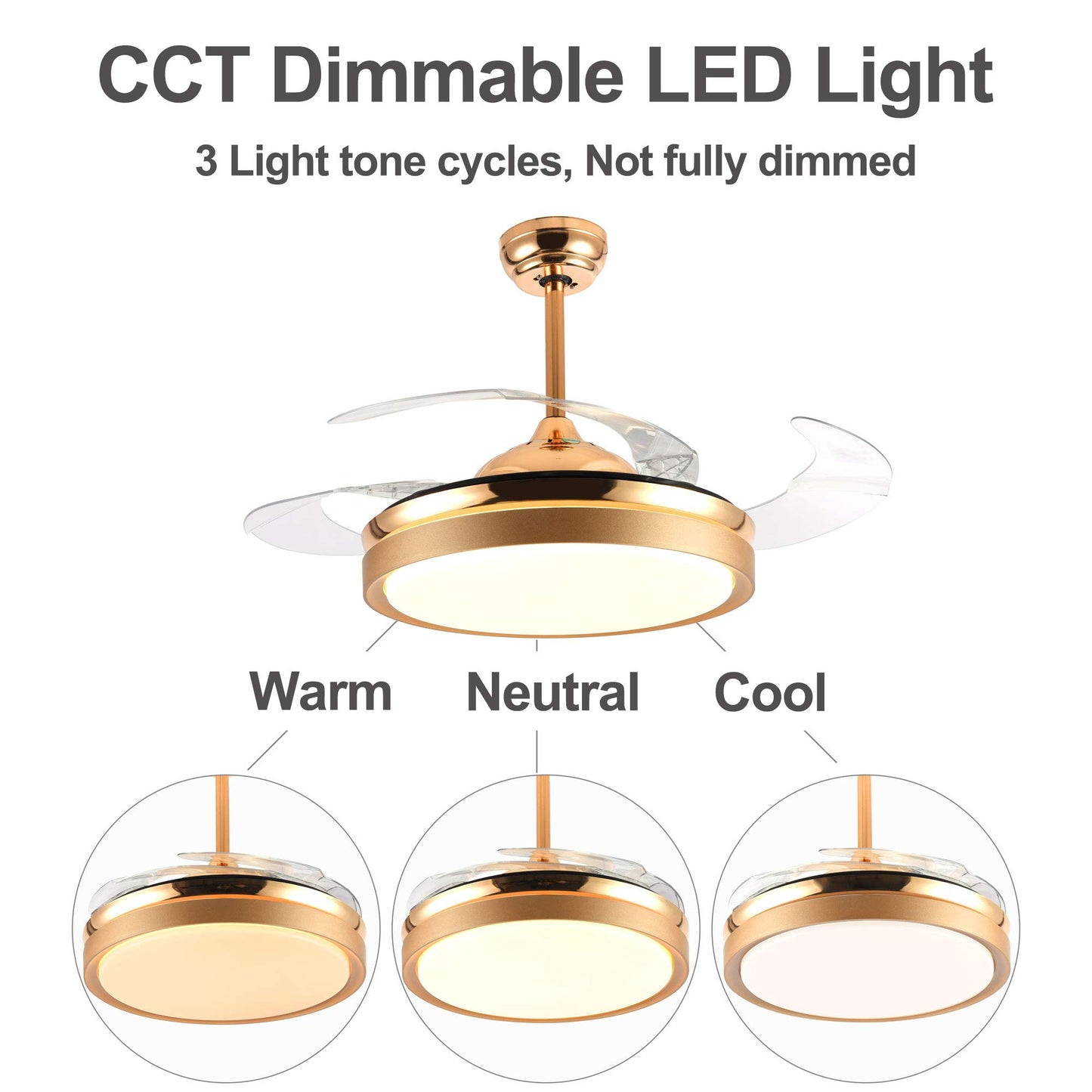 36In Retractable Ceiling Fan with LED Light and Remote Control, Retractable Blades, 3 Color Dimmable Modern Ceiling Fan for Bedroom/Living Room/Dining