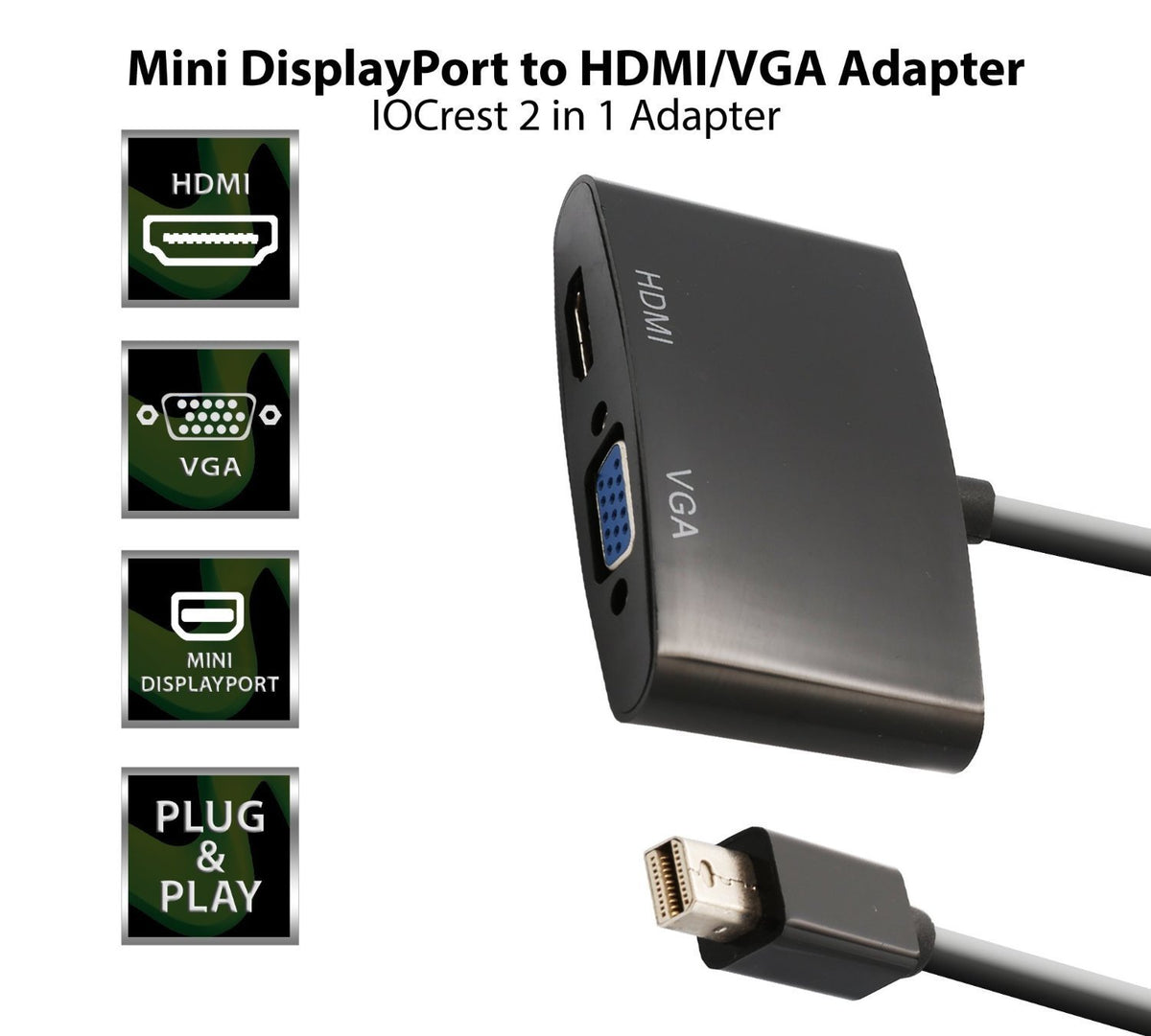 IO Crest SY-ADA33029 Mini DP to VGA/HDMI Converter DisplayPort Male 20-pin
