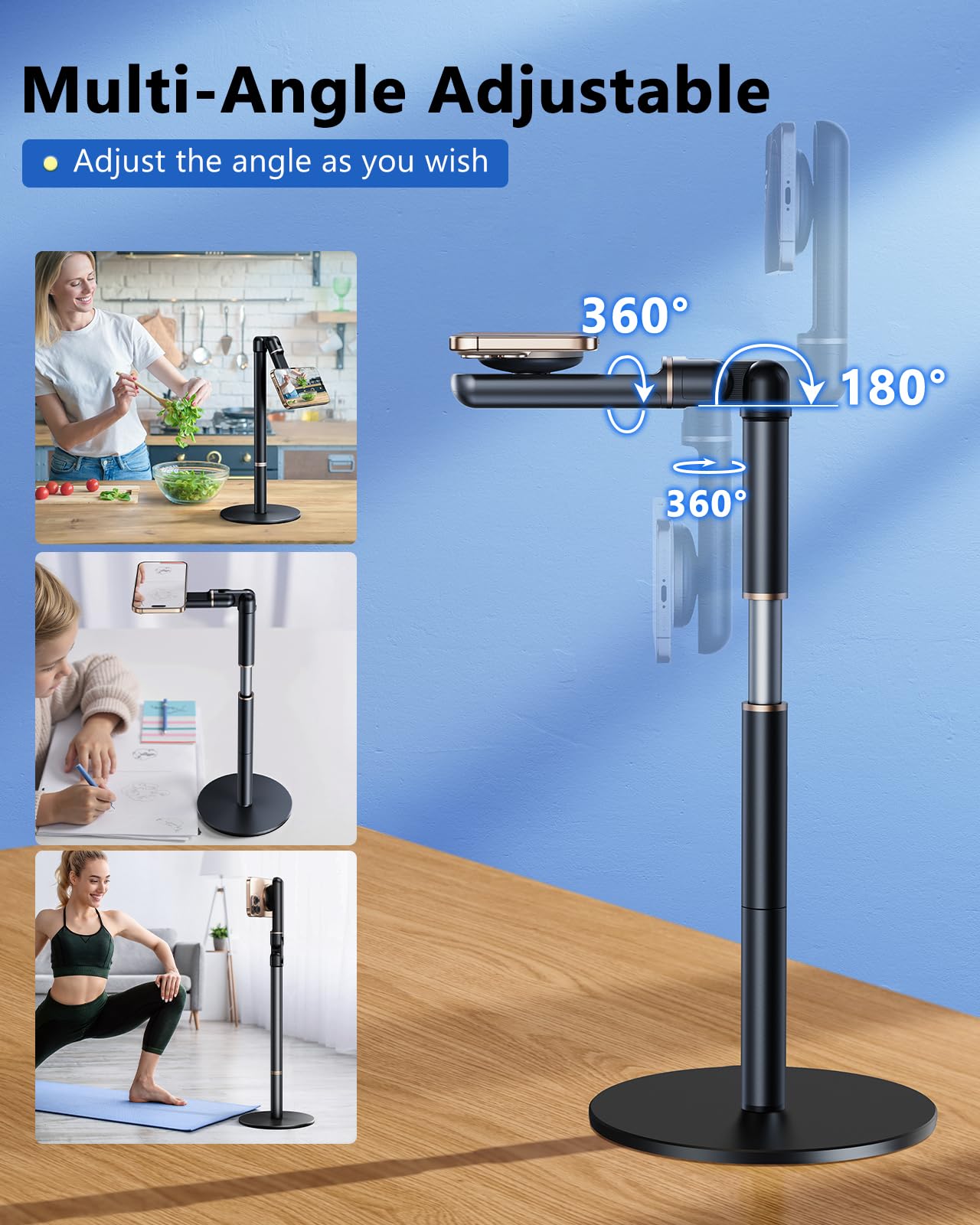 Nauttxon Angle Height Adjustable Magnetic Phone Stand for Desk [10"-25"] - Retractable Cell Phone Holder for Video Recording Cooking Excising Working