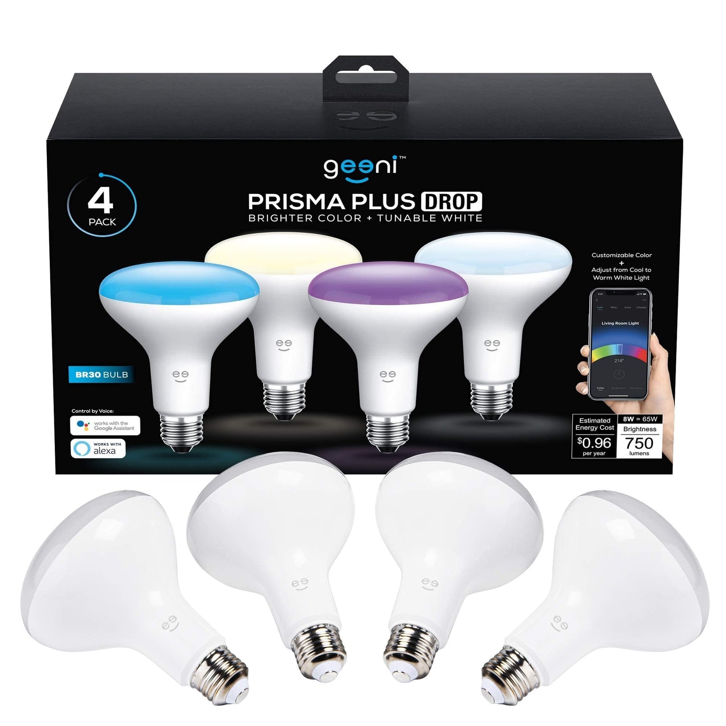 Geeni Prisma Plus BR30 Smart LED Bulb, 16M Colors, Multicolor RGB, 4-Pack