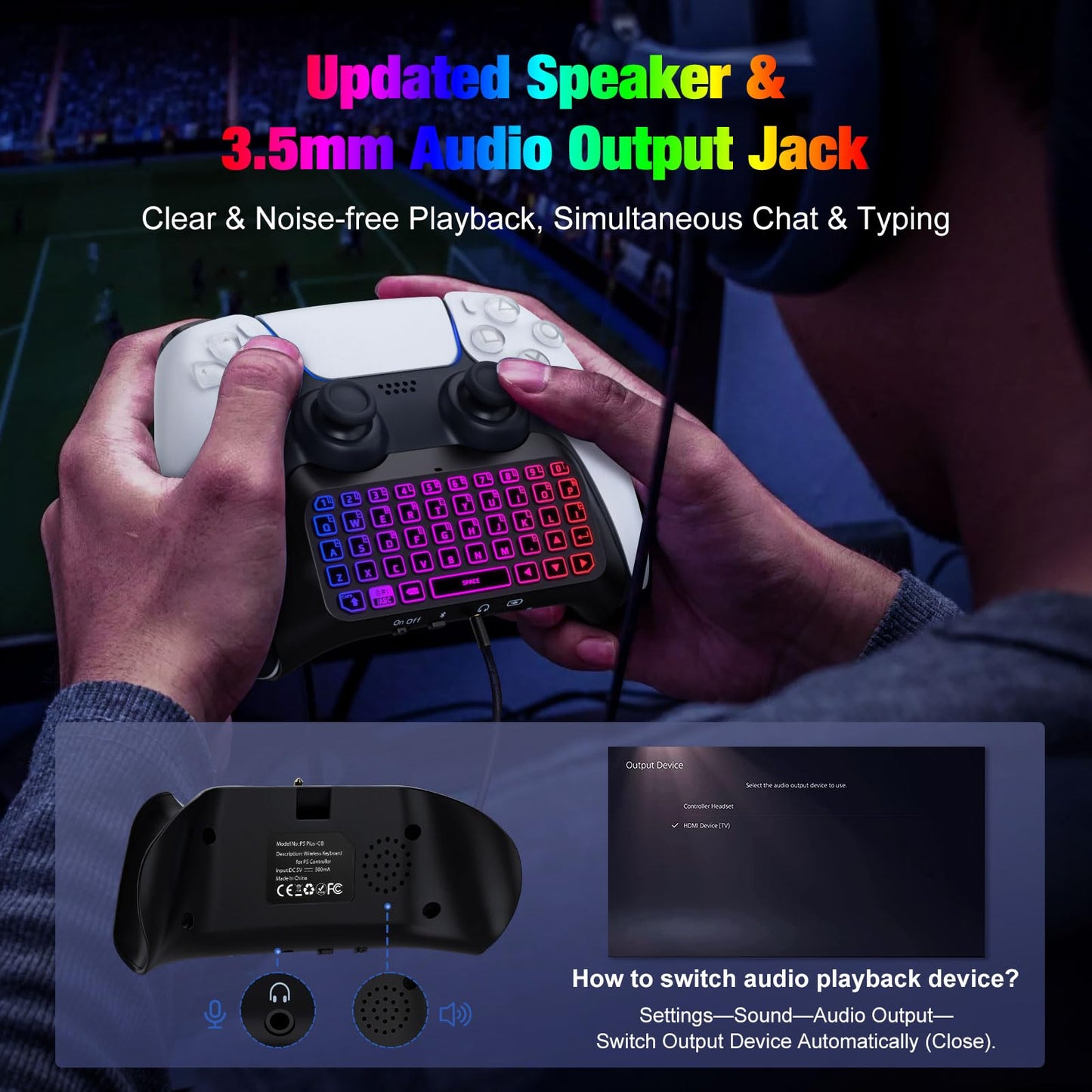MoKo RGB Backlight Keyboard for PS5 Controller, Bluetooth Wireless Mini Gamepad Chatpad for PlayStation 5 with Upgraded Built-in Speaker & 3.5mm Audio