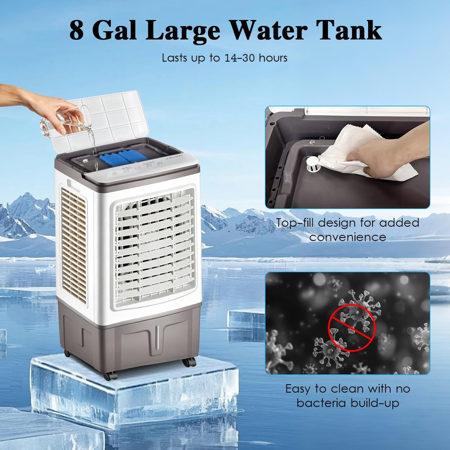 8 Gallon Evaporative Air Cooler Fan with Remote, 4-in-1 Tower Cooler, 2 Ice Boxes, Wide-Angle Airflow for Indoor