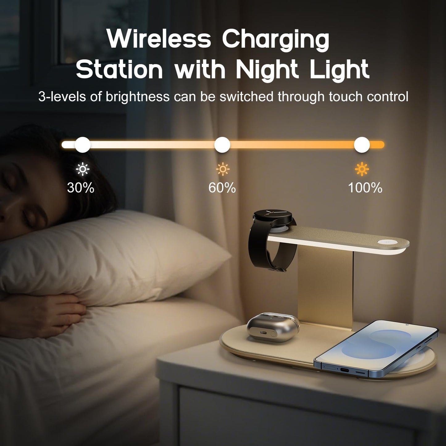Aluminum 4-in-1 Charging Station for Samsung/Android with 3-Level Night Light, 18W Wireless Charger for Galaxy S25 Ultra/S24/S23/S22/Note 20,Galaxy