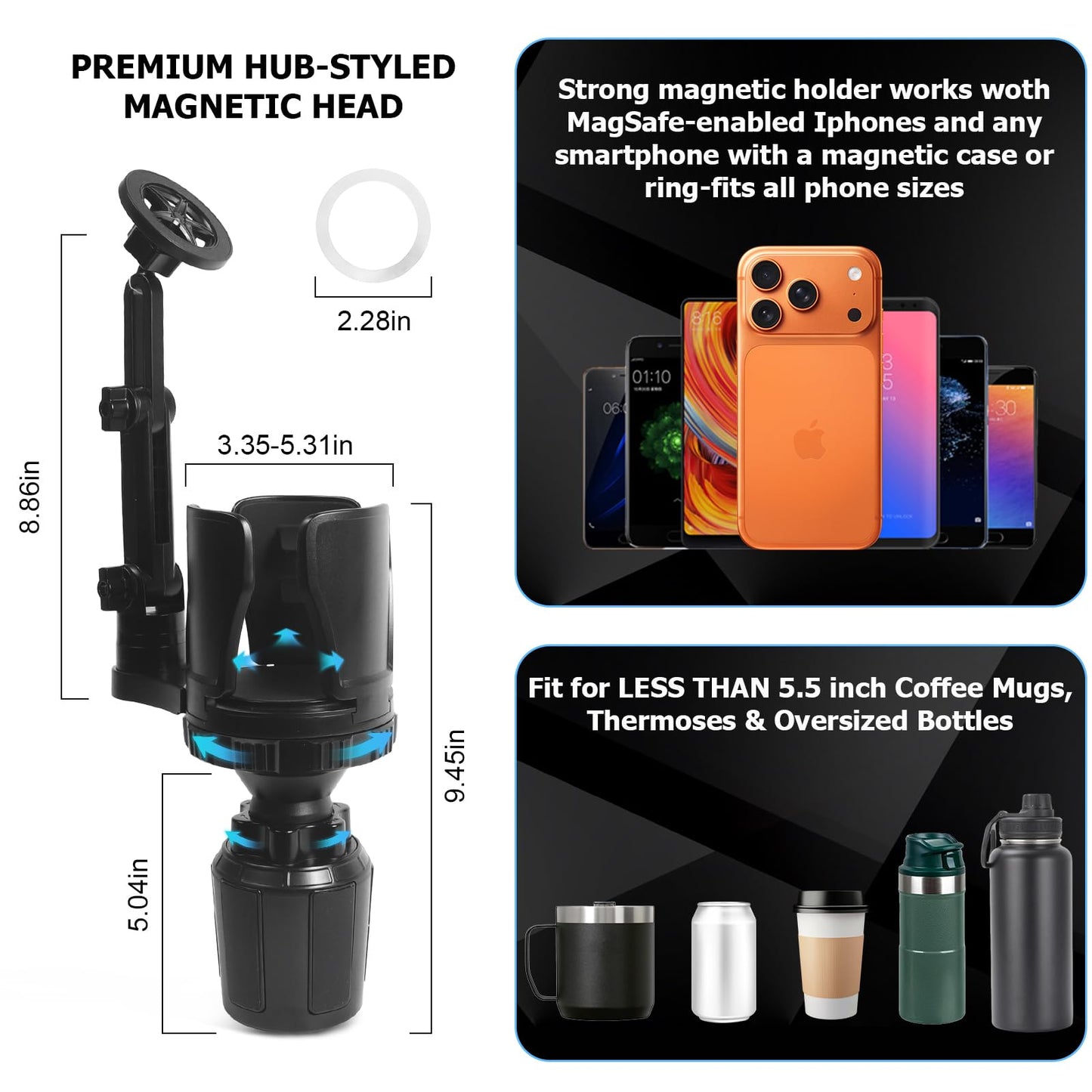 Frani Car Cup Holder Expander with Magnetic Phone Mount - Adjustable Insert Fits 2.68-4.33" Holders, 360° Adjustable Neck & Strong N52 Magnets