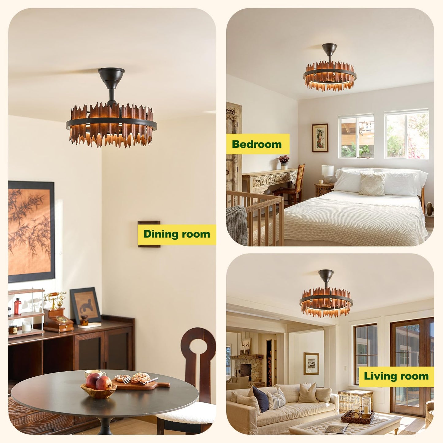 SAYTOP 19.7” Rustic Caged Ceiling Fan with Light, Farmhouse Wood Fandelier Ceiling Fan, 6 Speed and Reversible, Dimmable LED Chandelier Fan