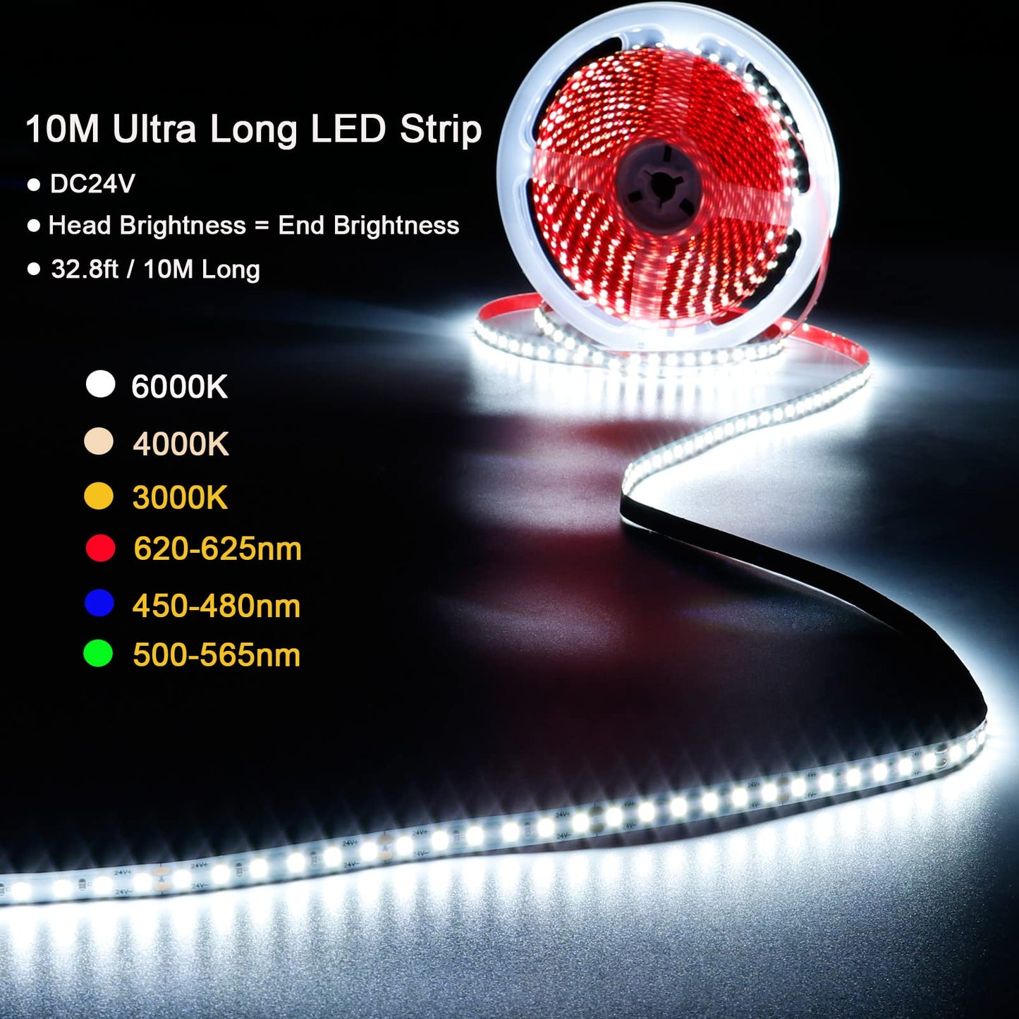 KXZM DC 24V 32.8ft(10M) Red LED Strip Light 1200LEDs 2835 SMD 90W High Brightness No-Waterproof IP20 Flexible Ribbon for Kitchen Garden Backyard