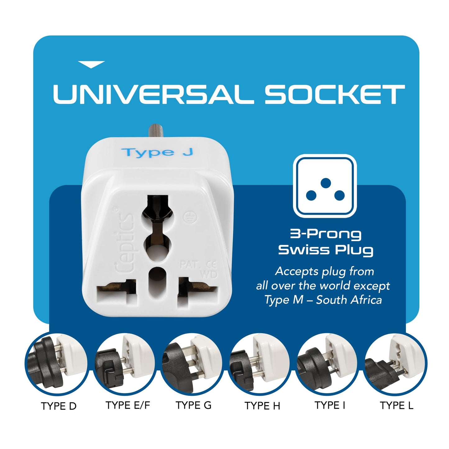 Ceptics Switzerland Travel Plug Adapter (Type J) - 3 Pack [Grounded & Universal] (GP-11A-3PK)