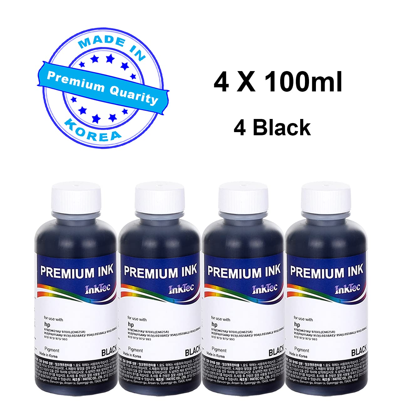 NUGU 4 Black Refill Ink, Premium Pigment Inks Made by in Korea, for HP 970 971 711 903 952 953 954 955 972 973 975 993 Inkjet Printer for Refillable