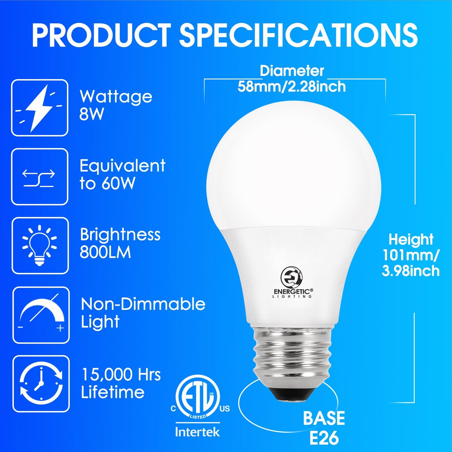 E ENERGETIC LIGHTING Light Bulbs 60 Watt Equivalent, A19 Cool White LED Light Bulbs, 15000 Hrs E26 Base, 8W, 800LM, 4000K Light Bulb, ETL Listed