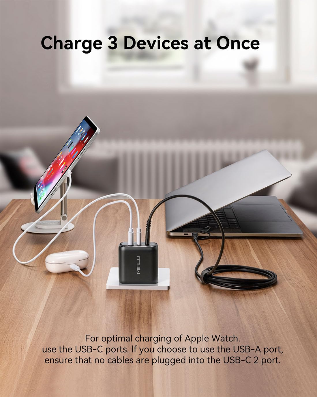 65W USB C Charger Block, MINLU GaN 3-Port Compact Fast PPS Wall Charger with 100W 2 in 1 USB-C to C/L Cable,Fast Charging for MacBook