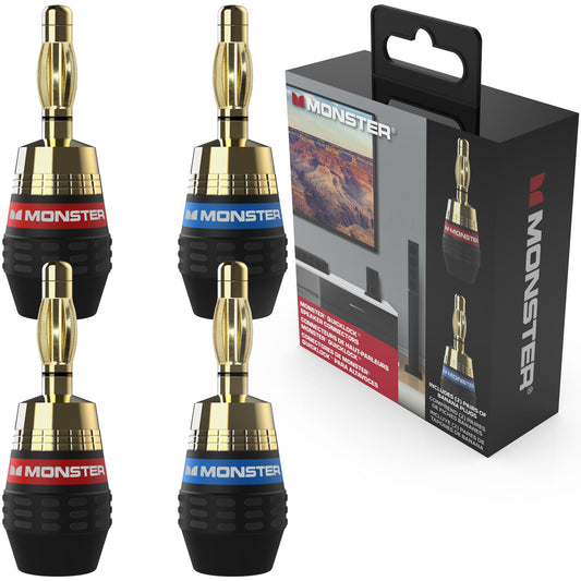 Monster XP QuickLock Banana Plugs for Speaker Wire, Self-Crimping Speaker Wire Connectors, 24K Gold-Plated Audio Connector Plugs, Color-Coded, 2 Pair