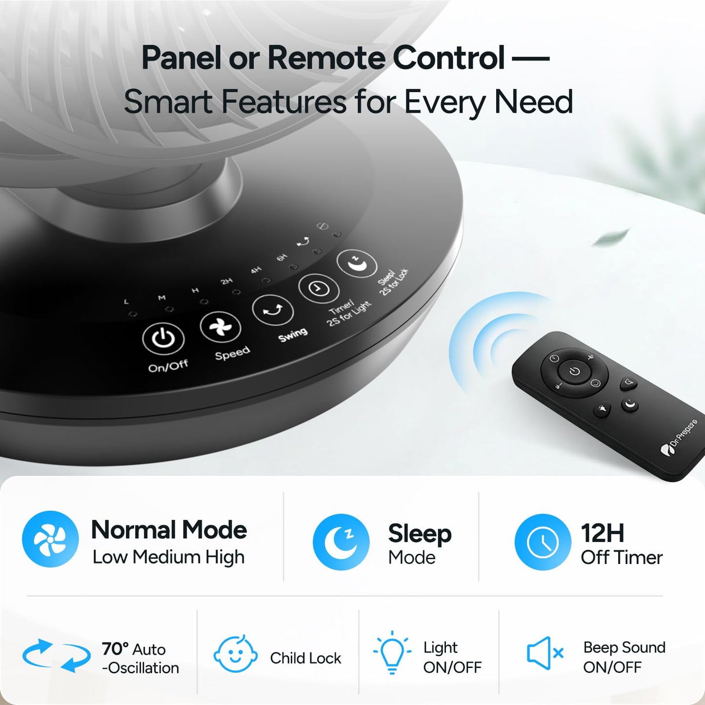 DR.PREPARE Oscillating Air Circulator Fan for Bedroom with Remote, 900 CFM, 11.8" Powerful Table Fan, 70° Oscillation, 100° Tilt, 3 Speeds, Efficient