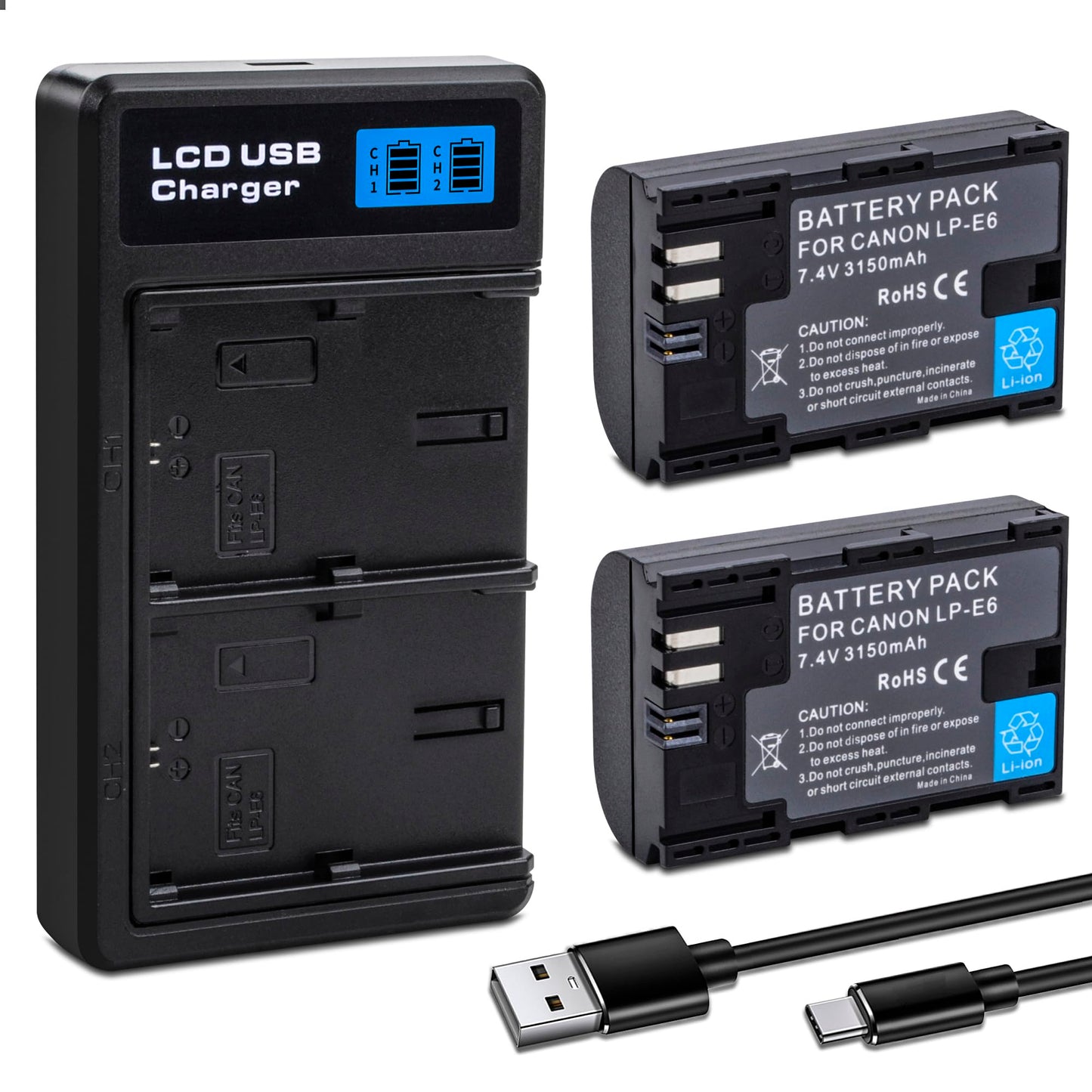 2-pack LP-E6 LP-E6N Batteries with Dual Charger for Canon EOS 5D Mark II, 5D Mark III, 5D Mark IV, 5DS, 5DS R, 6D, 6D Mark II, 7D, 7D Mark II, 60D