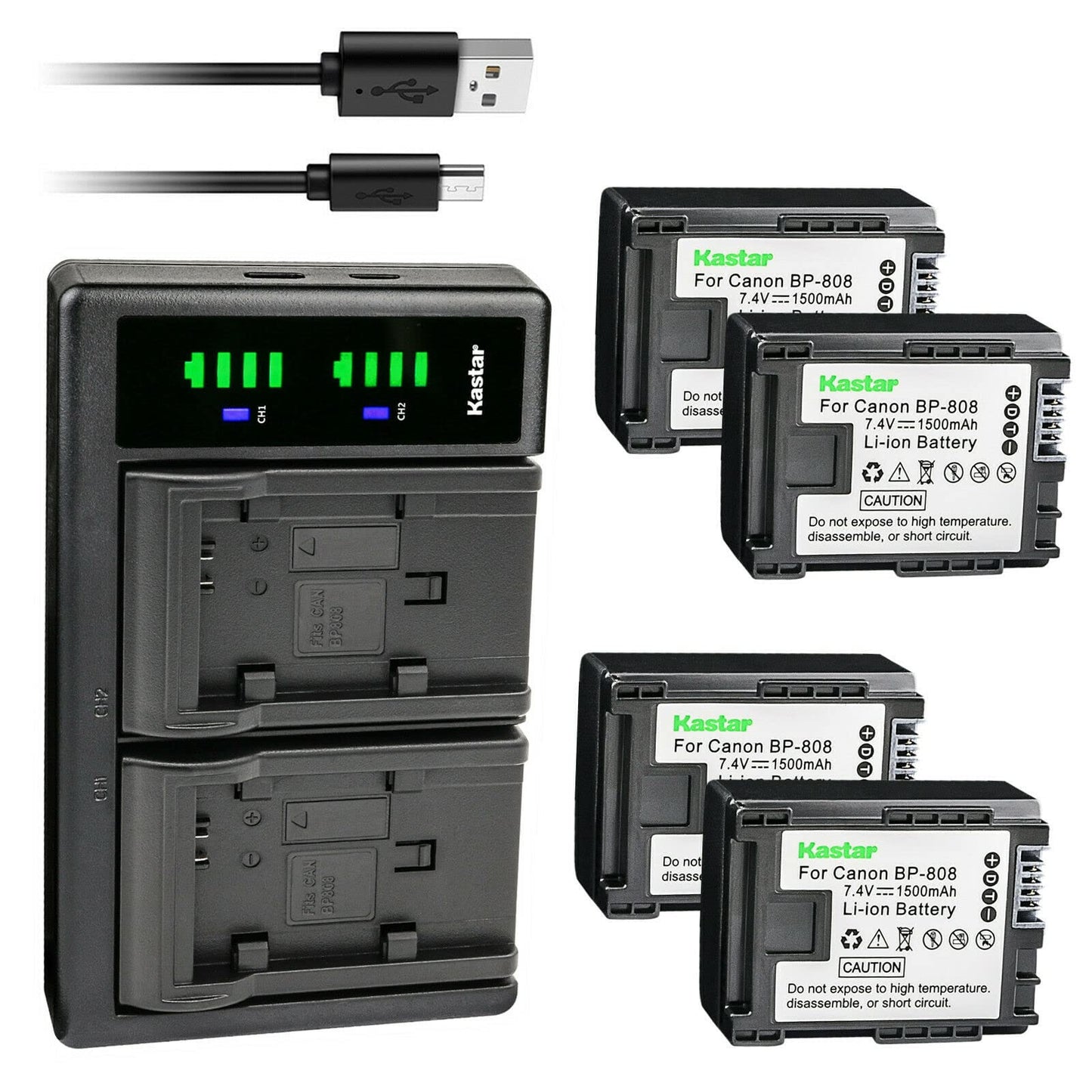 Kastar 4-Pack BP-808 Battery and LTD2 USB Charger Replacement for Canon VIXIA HG30, XA10, XA10 HD, FS10, FS11, FS20, FS21, FS22, FS31, FS40, FS100