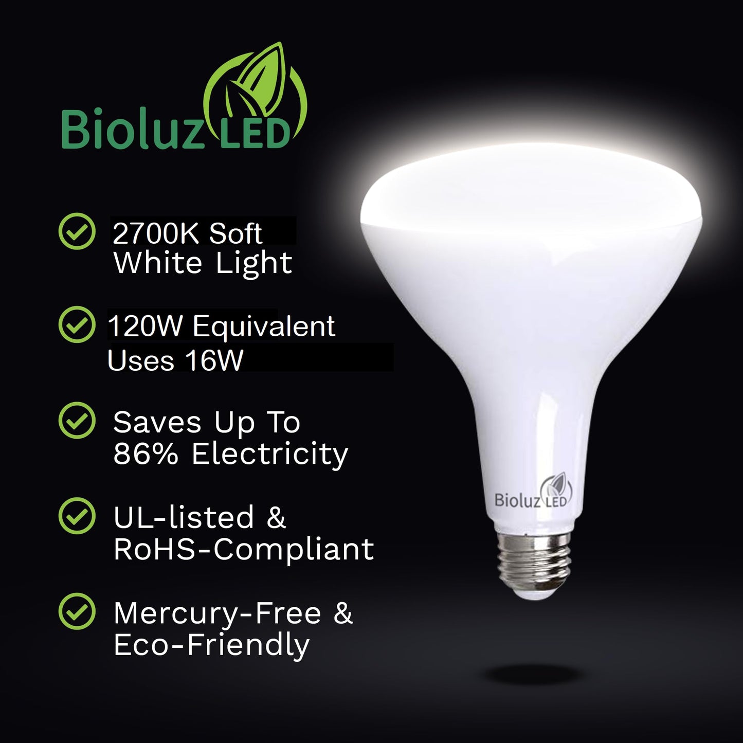 Bioluz LED 4 Pack BR40 LED Light Bulbs - Brightest Dimmable Instant ON Warm White 2700K 120W Equivalent Using 16W 1400 Lumen High CRI Indoor