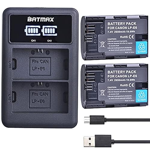 Batmax 2Pcs 2650mAh LP-E6 LP-E6N Battery + LED Dual Charger for Canon EOS R, R5, R6, Ra, XC10, XC15, 5D Mark II/III/IV, 5DS, 5DS R, 6D, 6D Mark II