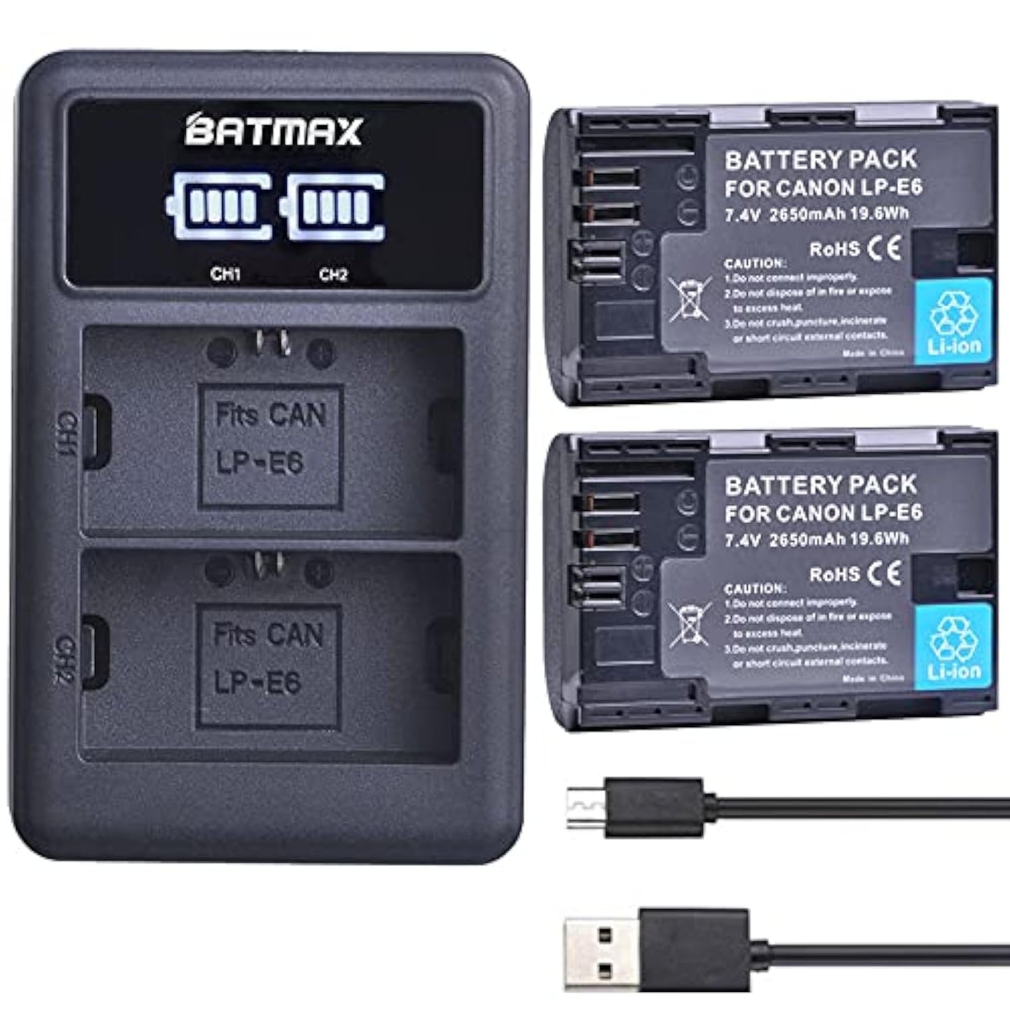 Batmax 2Pcs 2650mAh LP-E6 LP-E6N Battery + LED Dual Charger for Canon EOS R, R5, R6, Ra, XC10, XC15, 5D Mark II/III/IV, 5DS, 5DS R, 6D, 6D Mark II
