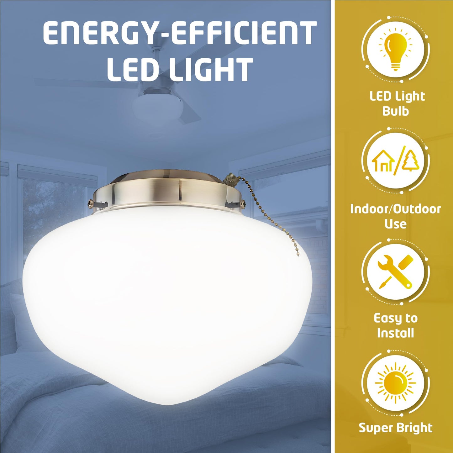 Ciata Schoolhouse Ceiling Fan Light Fixture Kit with White, Round Opal Glass Shade, Antique Brass Finish, Energy Efficient LED Bulb for Living Room or